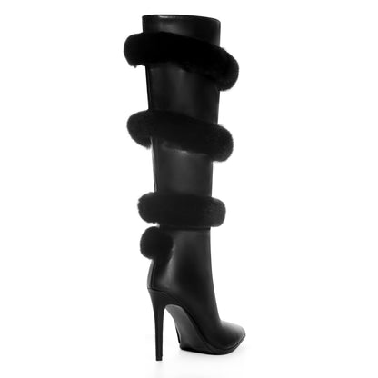 ANN CREEK Knee High Boots for Women Pointed Toe Sex Women’s Tall Boots Sexy Stiletto High Heel Zipper Faux Fur Elegant Dress Shoes Black Size 6.5