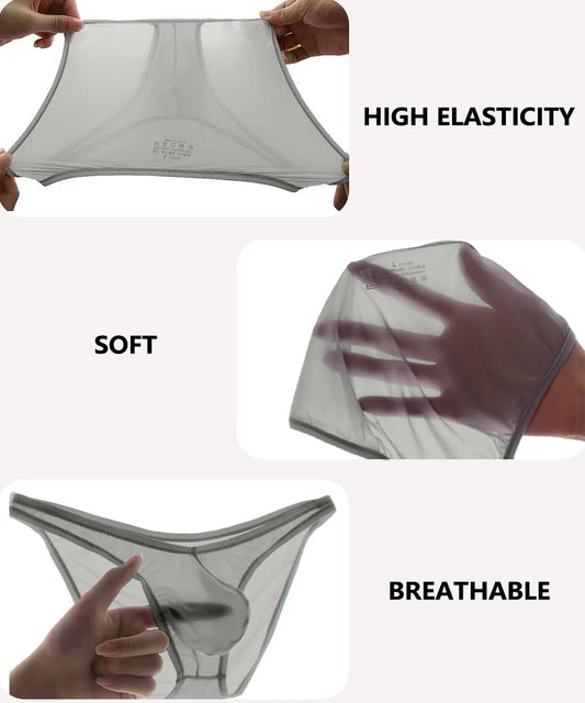 PAIZH Men's Sexy Low Rise Briefs See-through Ice Silk Bikini Soft Sheer Bulge Pouch Underwear Grey L