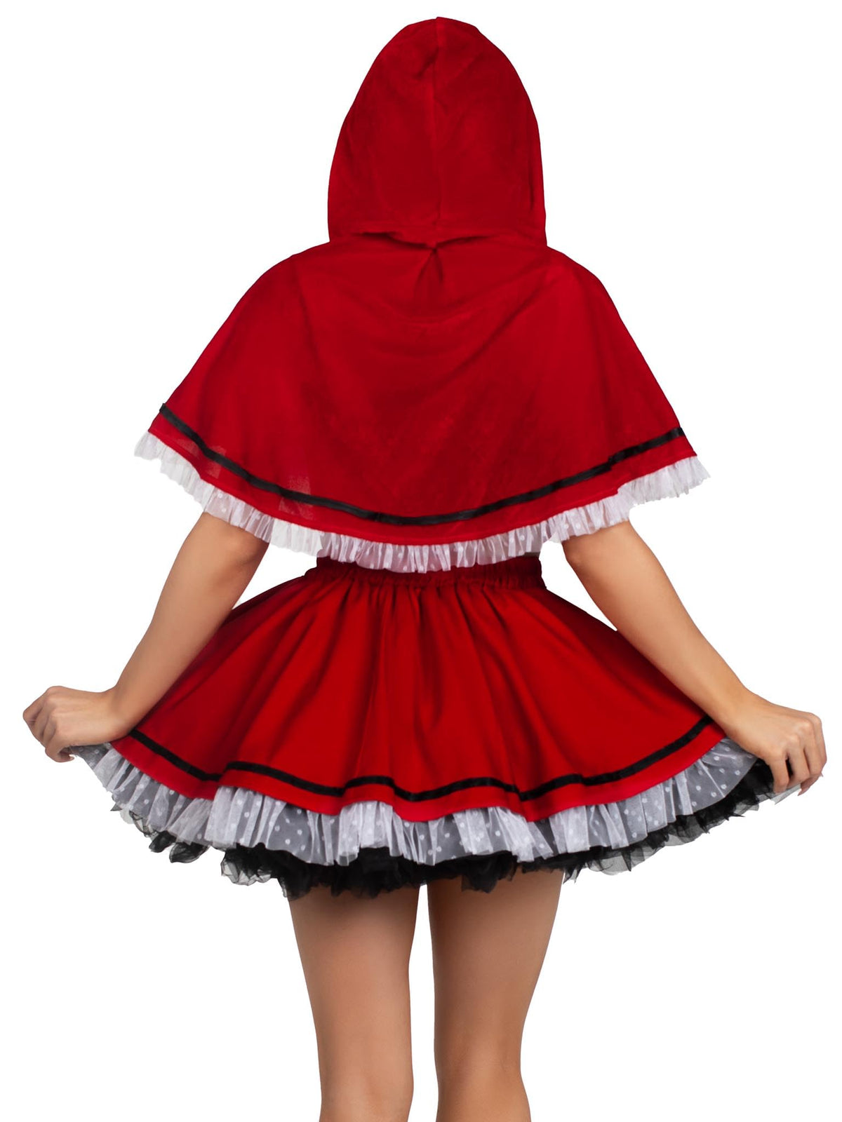 Leg Avenue Women's 3 Pc Flirty Miss Red, Includes Lace Trimmed Crop Top, Suspender Skirt, and Hooded Cape, X-Large, Red/White