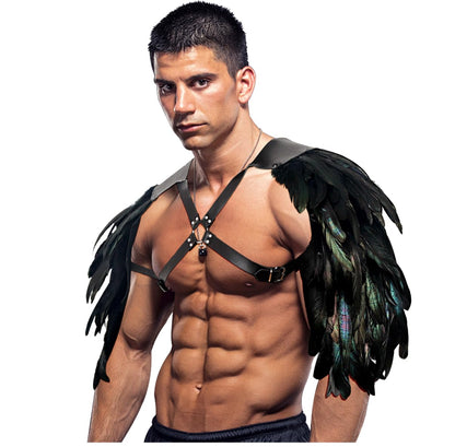 Gothic Men's Feather Shoulder Piece Punk Leather Harness, Black