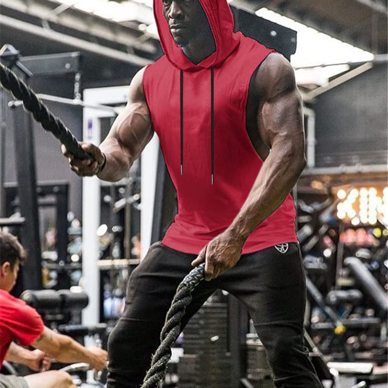 Babioboa Men's Dry Fit Workout Athletic Tank Tops with Hoodie, Performance Sleeveless Vest Gym Muscle Shirts(Light Wine Red Small)