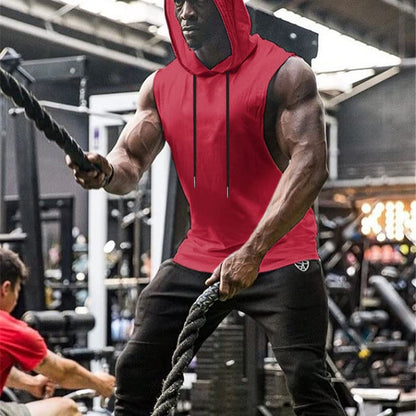 Babioboa Men's Dry Fit Workout Athletic Tank Tops with Hoodie, Performance Sleeveless Vest Gym Muscle Shirts(Light Wine Red Small)