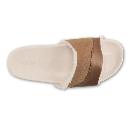 OLUKAI Ho'ala Slide Women's Leather Sandals, Premium Materials & Suede Details, Sheepskin Shearling & Durable Sole, All-Day Comfort & Wear, 9, Tan/Puka