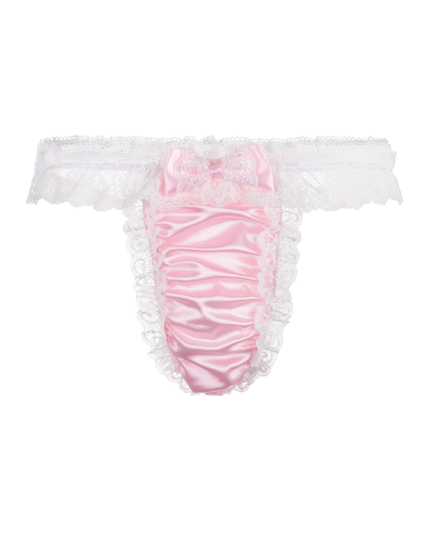 Satini Men's Satin Frilly Sissy Thong Tanga Knickers Briefs Panties (Baby Pink - White, XL)