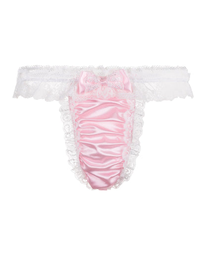 Satini Men's Satin Frilly Sissy Thong Tanga Knickers Briefs Panties (Baby Pink - White, XL)