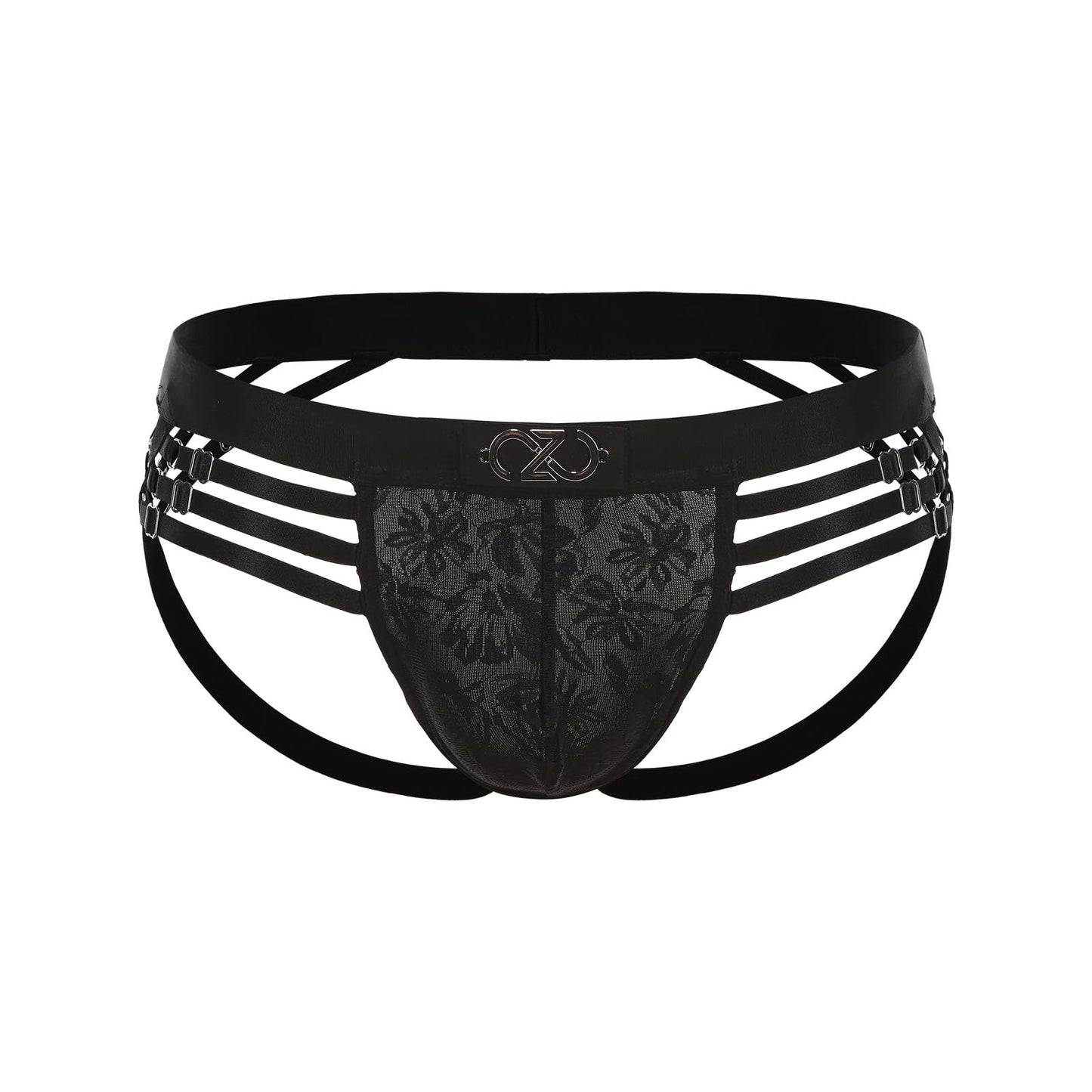BSZN Men's Adjustable Strap Jockstrap, Black Floral Lace Pouch Underwear, Mid Rise Tight Fit Multi Metal Buckle Briefs from Midnight Visitor Collection