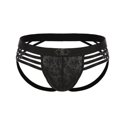 BSZN Men's Adjustable Strap Jockstrap, Black Floral Lace Pouch Underwear, Mid Rise Tight Fit Multi Metal Buckle Briefs from Midnight Visitor Collection