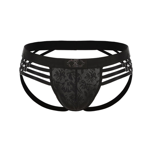 BSZN Men's Adjustable Strap Jockstrap, Black Floral Lace Pouch Underwear, Mid Rise Tight Fit Multi Metal Buckle Briefs from Midnight Visitor Collection