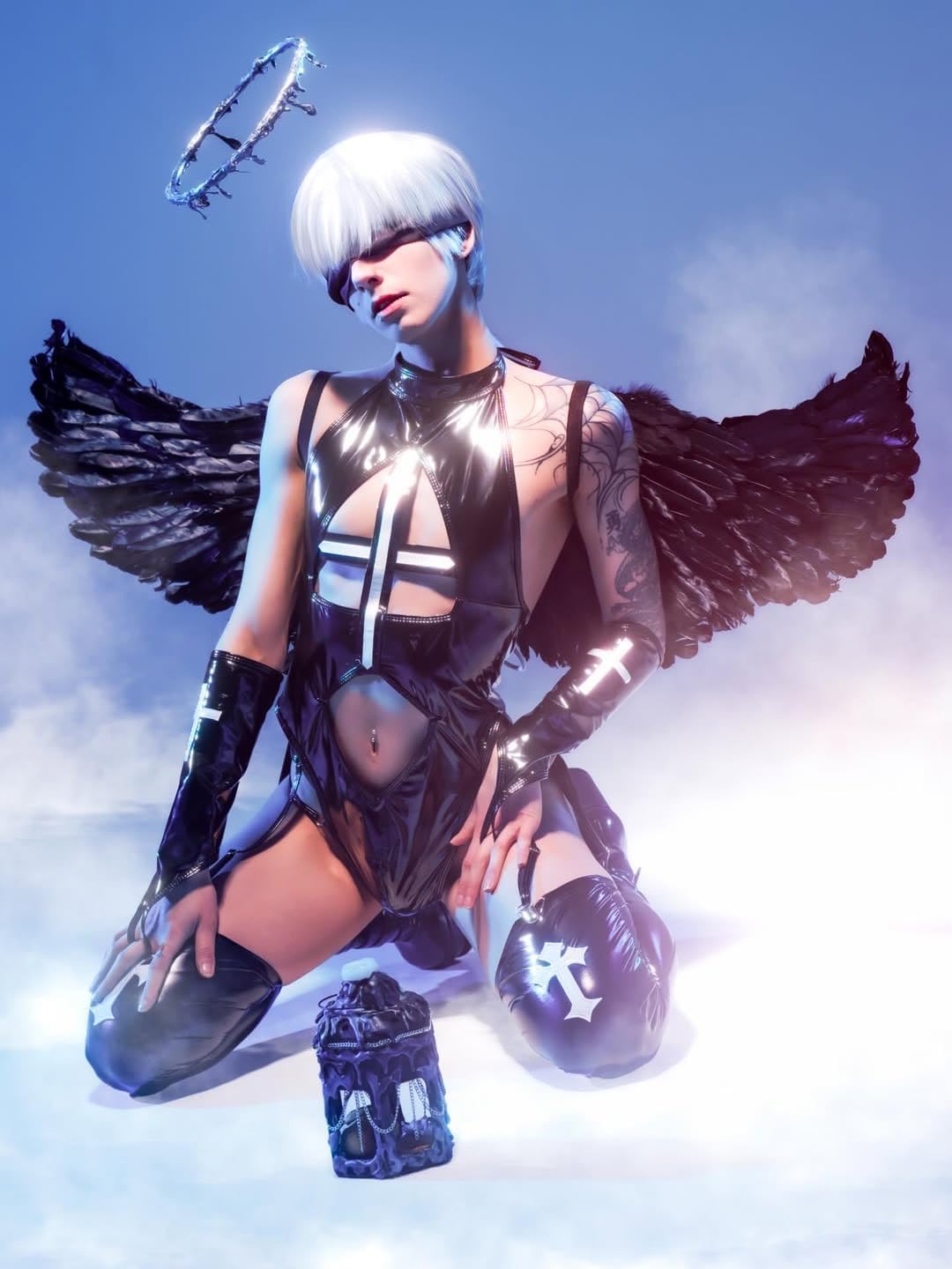 Men Succubus Cosplay Lingerie Anime Devil Set(Black, M)