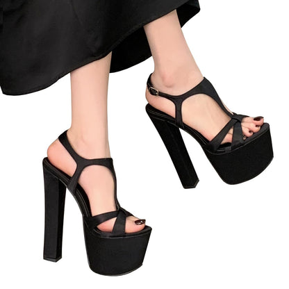 Black Strappy Heels for Women Sexy Open Toe Chunky Heels 6.3 Inch T-Strap Platform Heeld Sandals Party Prom Shoes (Black,7)