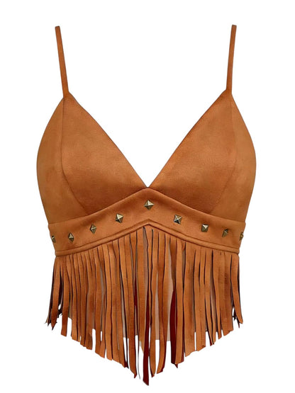 Women’s Western Cowgirl Fringe Top – Faux Suede Country Concert Outfits, Festival Rodeo Nashville Cowboy Cami Shirt (2513B, Brown, M)