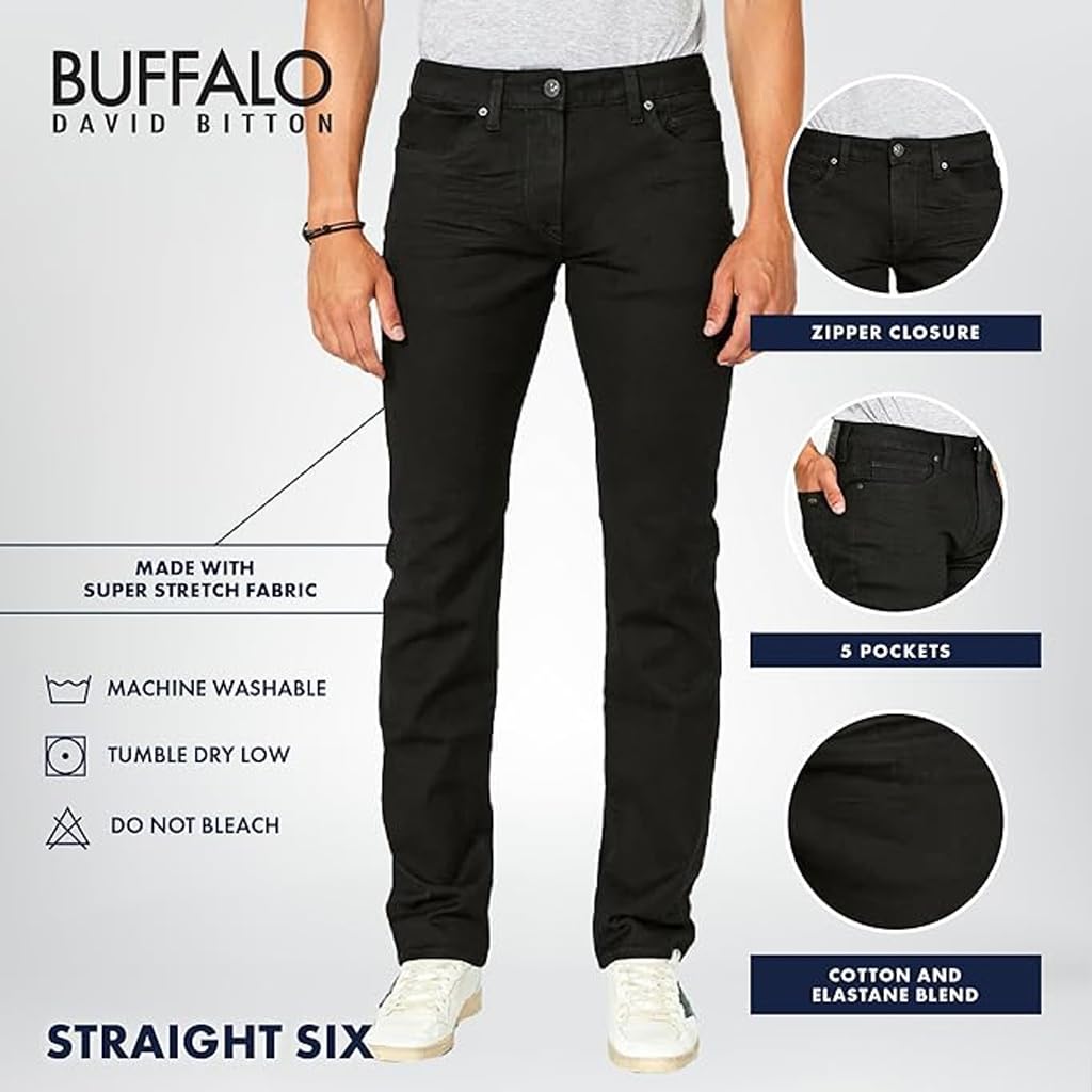 Buffalo David Bitton Men's Straight Six Jeans, Crinkled and Dark Black, 32x30