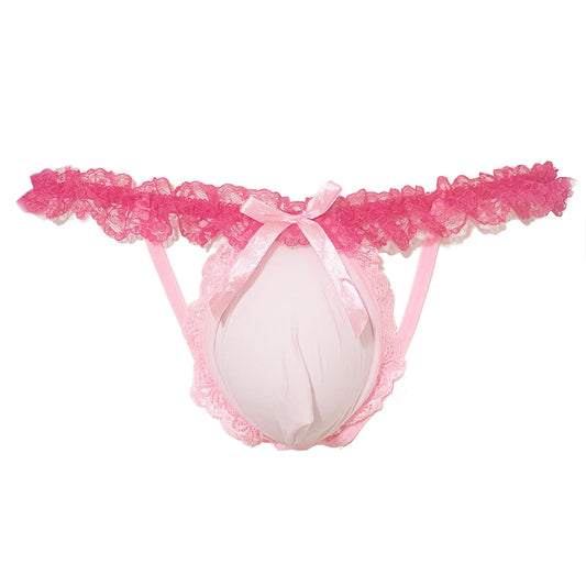 Mens Pink Lace Frilly Thong Underwear, Sissy Pouch Panties Sexy Lingerie For Crossdressing Femboy (US, Alpha, One Size, Regular, Regular, Pink)