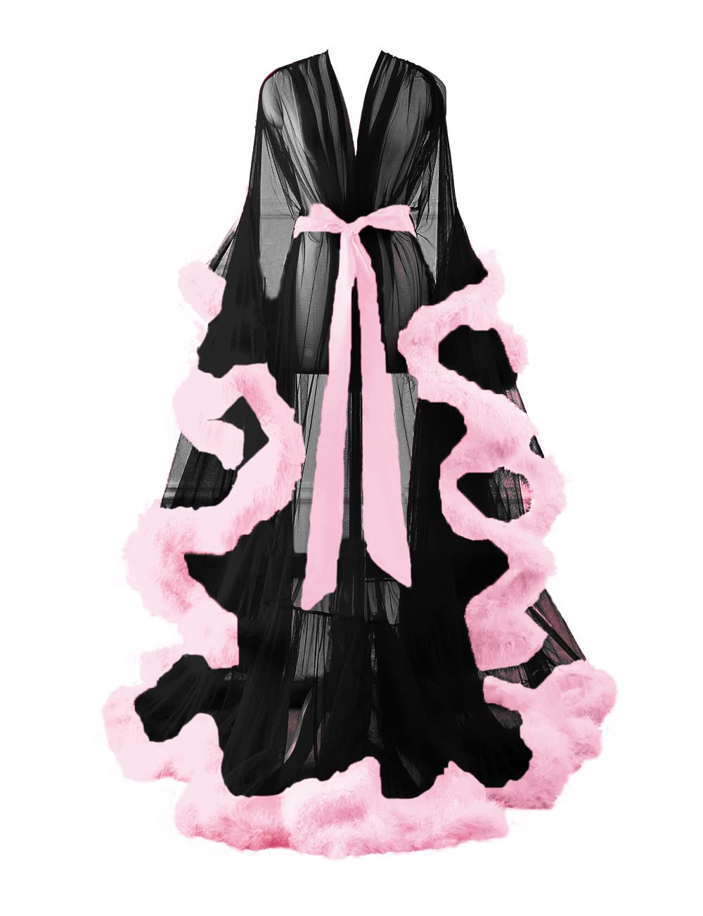 Sissy - Sexy Feather Robes Long Fany Fur Tulle Lingerie Bridal Robe Sheer Maternity Photoshoot Dress Bathrobe Sleepwear Nightgown Wedding Scarf Black+Pink S/M