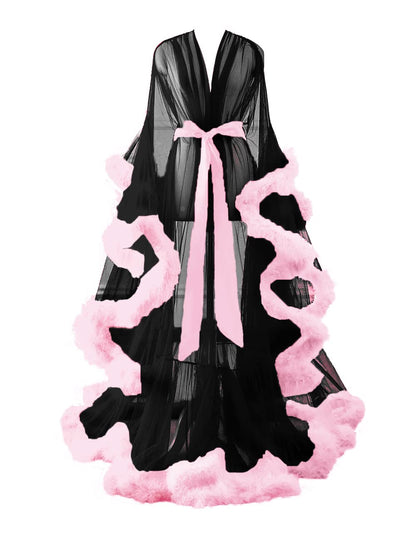 Sissy - Sexy Feather Robes Long Fany Fur Tulle Lingerie Bridal Robe Sheer Maternity Photoshoot Dress Bathrobe Sleepwear Nightgown Wedding Scarf Black+Pink S/M