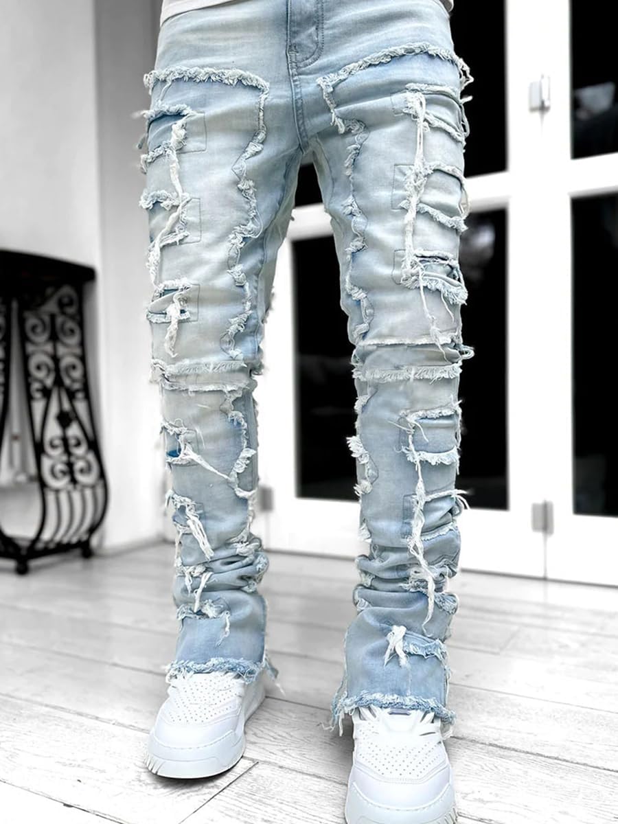 Stacked Jeans Men Skinny Ripped Jeans Slim Fit Denim Pants Y2K Goth Harajuku Emo Jeans Trouser (US, Alpha, Small, Regular, Regular, B01-01)