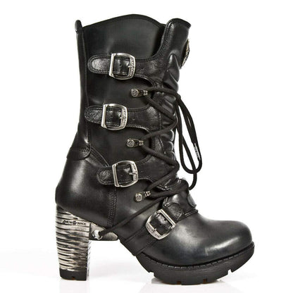 New Rock Boots TR003-S1 Ladies Metallic Black Leather Biker Heel Goth Punk Shoes Ankle Fashion Boots 38
