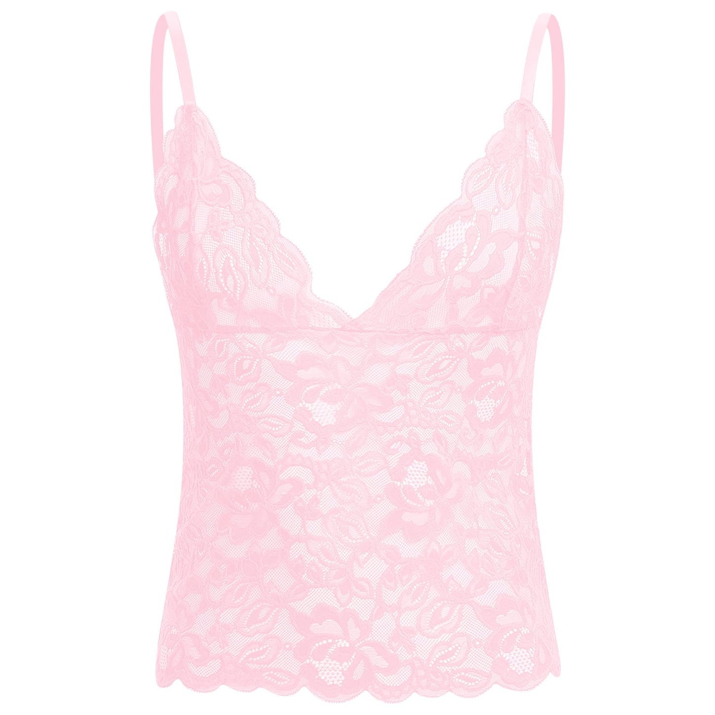 ABAFIP Men’s Sissy Lace Cami Top Floral Sheer Camisole Ruffle V-Neck Sleeveless Shirt See Through Undershirt Pink Medium