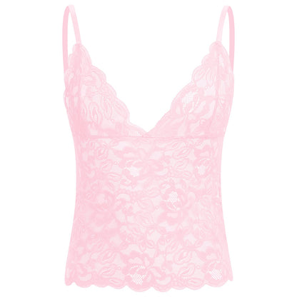 ABAFIP Men’s Sissy Lace Cami Top Floral Sheer Camisole Ruffle V-Neck Sleeveless Shirt See Through Undershirt Pink Medium