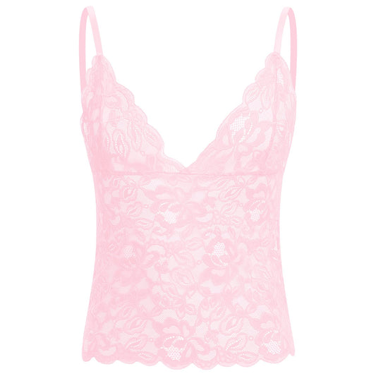 ABAFIP Men’s Sissy Lace Cami Top Floral Sheer Camisole Ruffle V-Neck Sleeveless Shirt See Through Undershirt Pink Medium