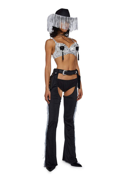 Dolls Kill Giddy Up Rhinestone Cowgirl Costume by Trickz N’ Treatz – Women’s Sequin Bra Top with Fringe Chaps & Hat, Black, Medium
