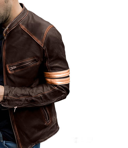 Jild Distressed Café Racer Brown Leather Jacket Men - Genuine Lambskin Leather Biker Style Mens Vintage Motorcycle Jacket (YP-Brn-L)