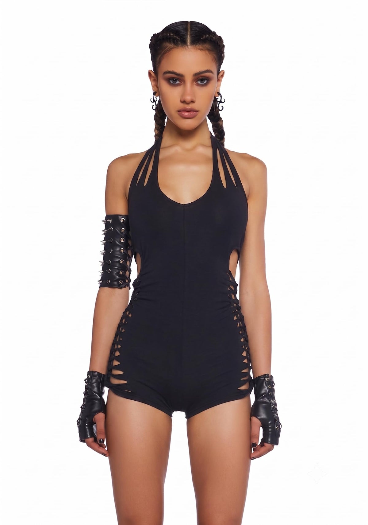 Dolls Kill Endless Horizon Shredded Romper by Club Exx – Women’s Tie Dye Halter Romper with Side Cutout Detail, Black, Medium