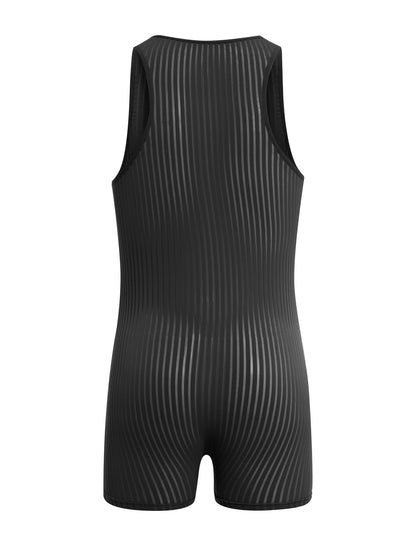 ABAFIP Men's Sexy Lingerie Bodysuit Stripe Mesh See Through Shorts Romper Sheer Underwear Black Medium
