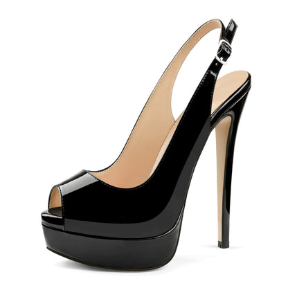 Women's Slingback Heels Peep Toe Platform Pumps, Black, US8.5