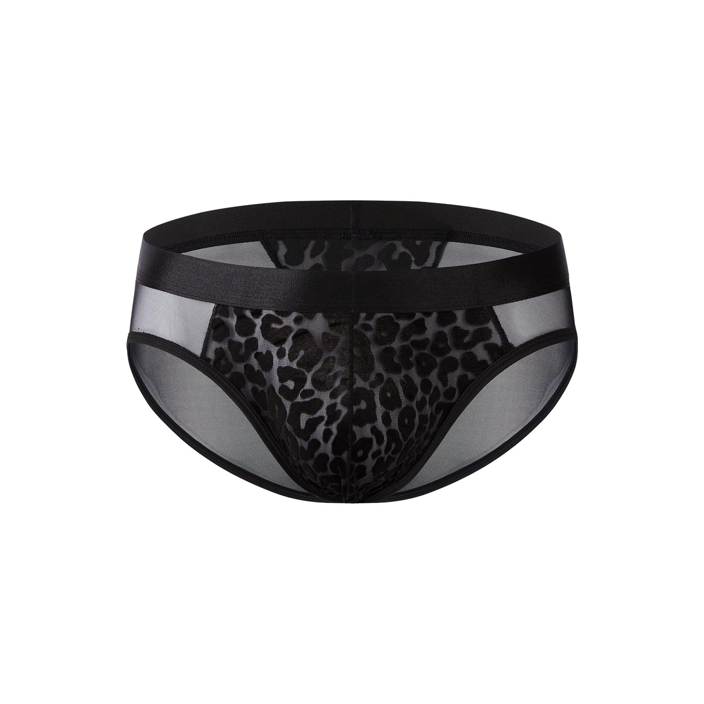BSZN Men's Leopard Print Briefs, Black Velvet Flocked Mesh Underwear, Low Rise Slim Fit Sheer Briefs from Caged Beast Collection