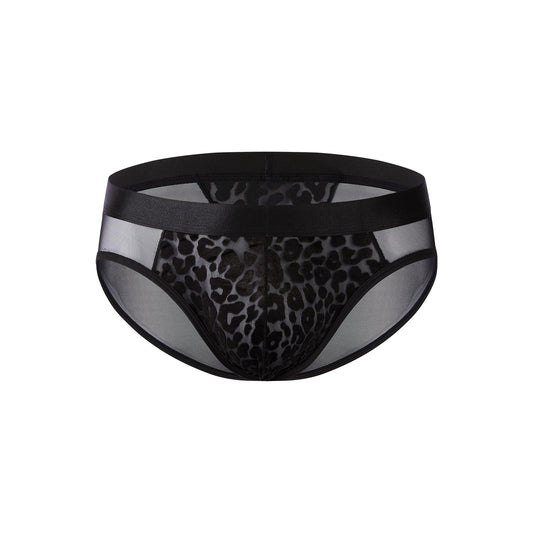 BSZN Men's Leopard Print Briefs, Black Velvet Flocked Mesh Underwear, Low Rise Slim Fit Sheer Briefs from Caged Beast Collection