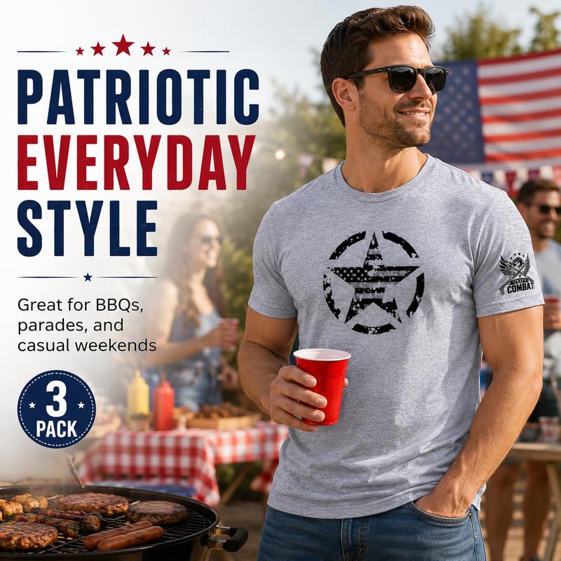 Distressed Star American Flag T-Shirt 3 Pack Patriotic USA Graphic Tee, Military Style Shirt, 4th of July Gift for Men Women