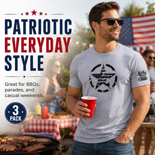 Distressed Star American Flag T-Shirt 3 Pack Patriotic USA Graphic Tee, Military Style Shirt, 4th of July Gift for Men Women