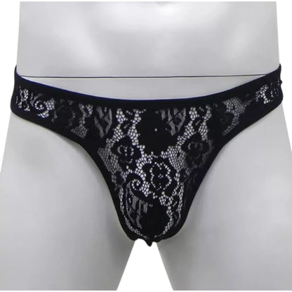 Men's Sissy Lace Thong Panties, Femboy Panty See-Through Floral Underwear Lingerie for Cross-dressers (US, Alpha, Large, X-Large, Regular, Regular, Black)