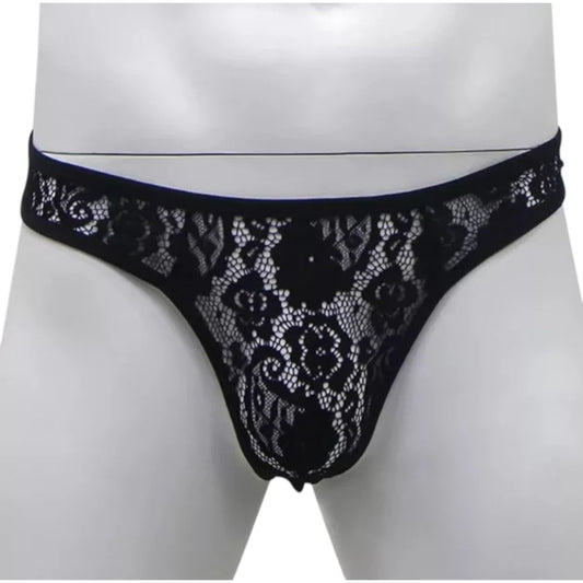 Men's Sissy Lace Thong Panties, Femboy Panty See-Through Floral Underwear Lingerie for Cross-dressers (US, Alpha, Large, X-Large, Regular, Regular, Black)