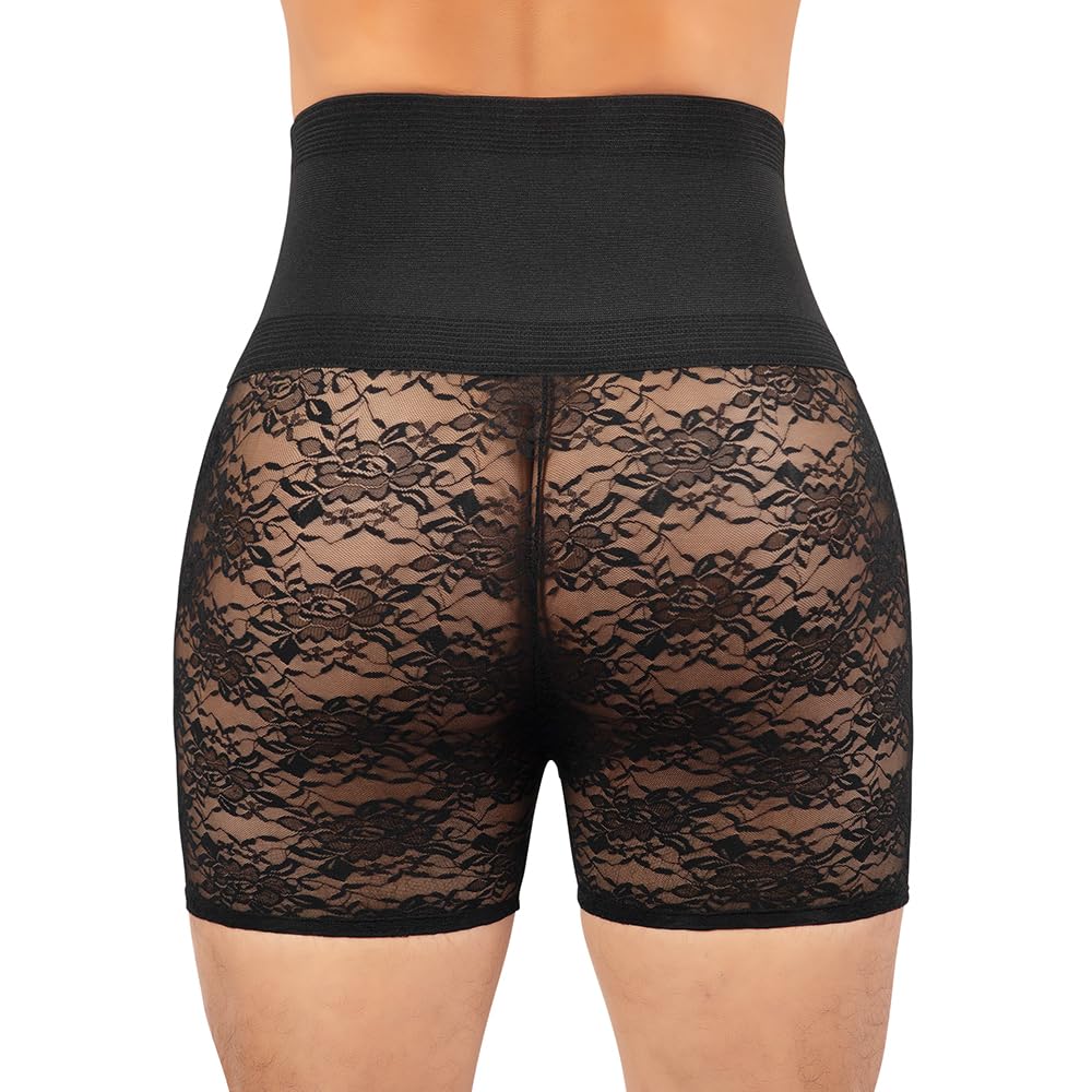 six Pack Men's High Waist Boxer Brief Lace Transparent Shorts, Underwear Bottoms  Black
