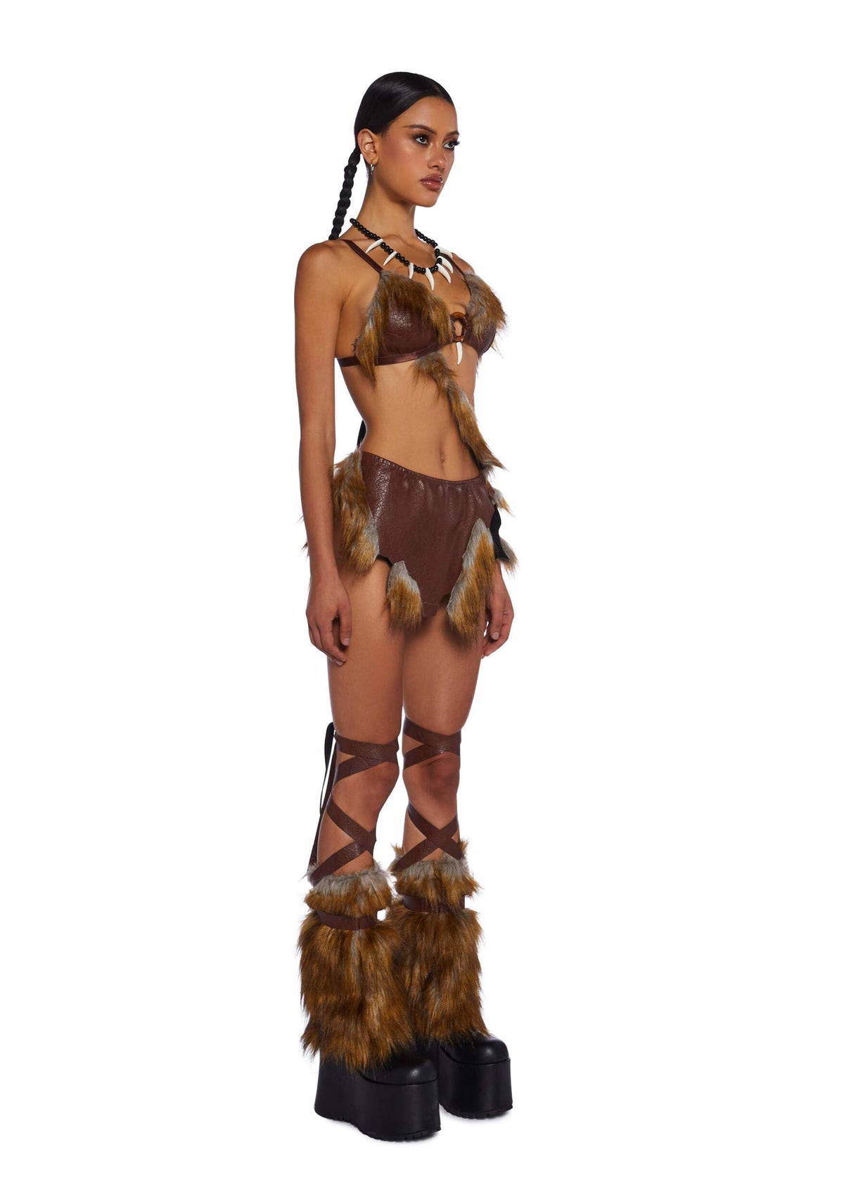 Dolls Kill B.C. Babe Costume Set by Trickz N’ Treatz – Women’s Faux Fur Trim Vegan Leather Top with Skirt, Leg Warmers & Necklace, Brown, Medium