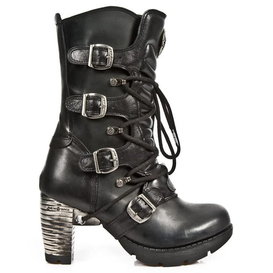 New Rock Boots TR003-S1 Ladies Metallic Black Leather Biker Heel Goth Punk Shoes Ankle Fashion Boots 38