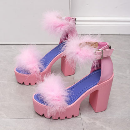 Women Faux Fur Chunky Heel Sandal Ankle Strap Dress Heel Pink 9