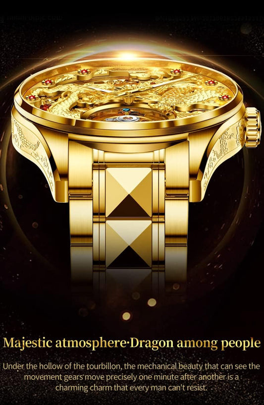 OUPINKE Gold Dragon Watches for Men Tourbillon Skeleton Mechanical Luxury Dress Automatic Self Winding Tungsten Steel Waterproof Sapphire Crystal Luminous Men’s Wrist Watch