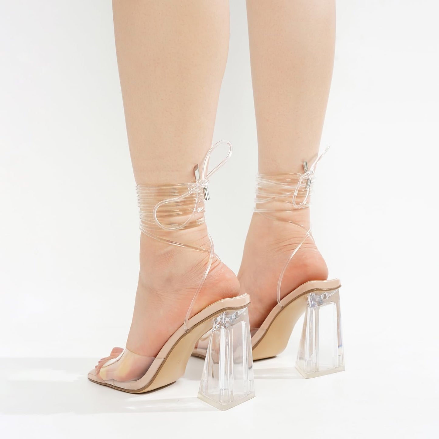 Cape Robbin Clear Strappy Heels - Square Toe Lace Up Prom Wedding Shoes for Women, Comfortable High Heel Sandals Evening Dressy (Swag) -Nude Size 8