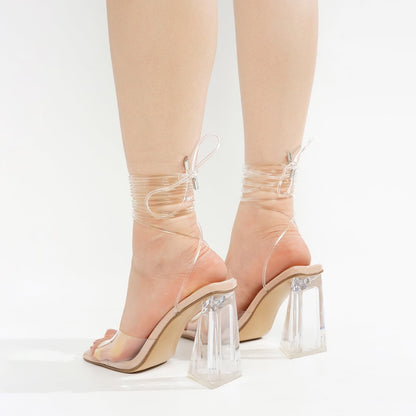 Cape Robbin Clear Strappy Heels - Square Toe Lace Up Prom Wedding Shoes for Women, Comfortable High Heel Sandals Evening Dressy (Swag) -Nude Size 8