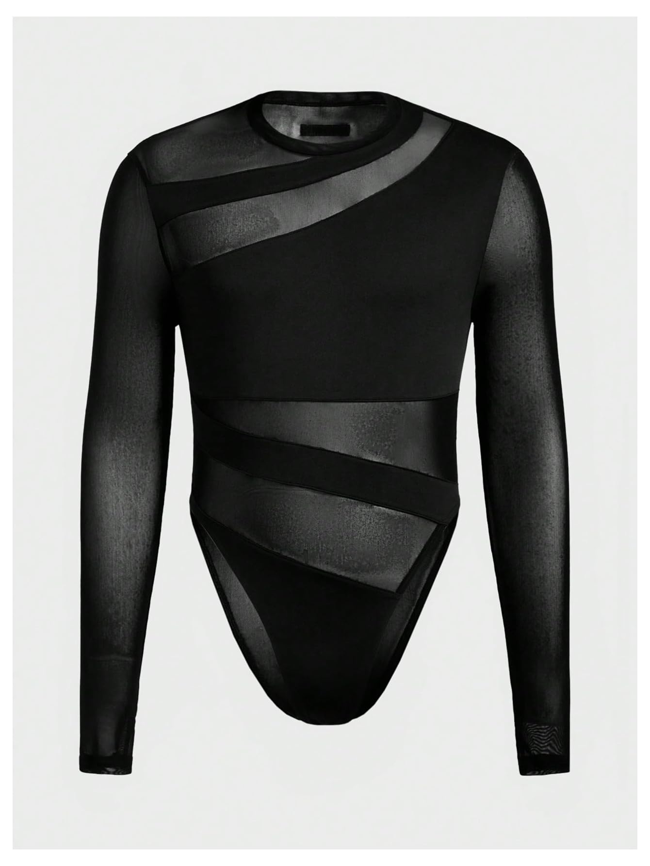 OYOANGLE Men's Long Sleeve Sheer Bodysuit Crew Neck Slim Fit Mesh Shirt Y2K Party Clubwear Streetwear Black Medium