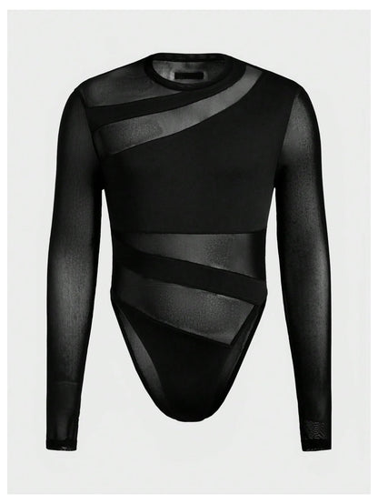 OYOANGLE Men's Long Sleeve Sheer Bodysuit Crew Neck Slim Fit Mesh Shirt Y2K Party Clubwear Streetwear Black Medium