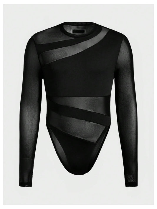 OYOANGLE Men's Long Sleeve Sheer Bodysuit Crew Neck Slim Fit Mesh Shirt Y2K Party Clubwear Streetwear Black Medium