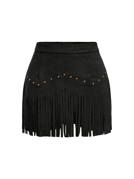 Women's Suede Fringe Sexy Cowgirl Skirts Country Concert Outfit Western High Waisted Skirt Black Small