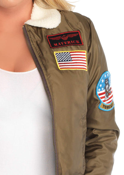 Leg Avenue Mens Top Gun Nylon Bomber Jacket With Interchangeable Name Badges - Flight Jacket Halloween Costume for Women, LARGE, Khaki