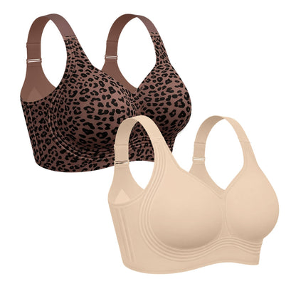 OEAK Womens Wireless Jelly Bra Plus Size Supportive Seamless Bras Full Coverage Push Up Comfortable No Underwire Tshirt Bras Creamy Beige+Leopard Coffee XL