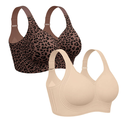 OEAK Womens Wireless Jelly Bra Plus Size Supportive Seamless Bras Full Coverage Push Up Comfortable No Underwire Tshirt Bras Creamy Beige+Leopard Coffee XL
