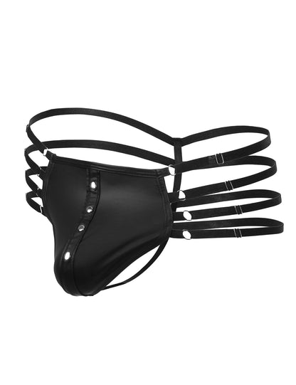 comeondear Mens Faux Leather Thong Panties Black Plus Size Jockstrap T-Back Bulge Pouch Briefs G-String with Rivet Sexy Low Rise Underwear